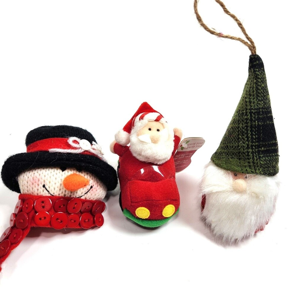 Christmas Plush Ornaments Gnome Snowman Santa In Car Lot of 3 Amscan Felt Fabric
